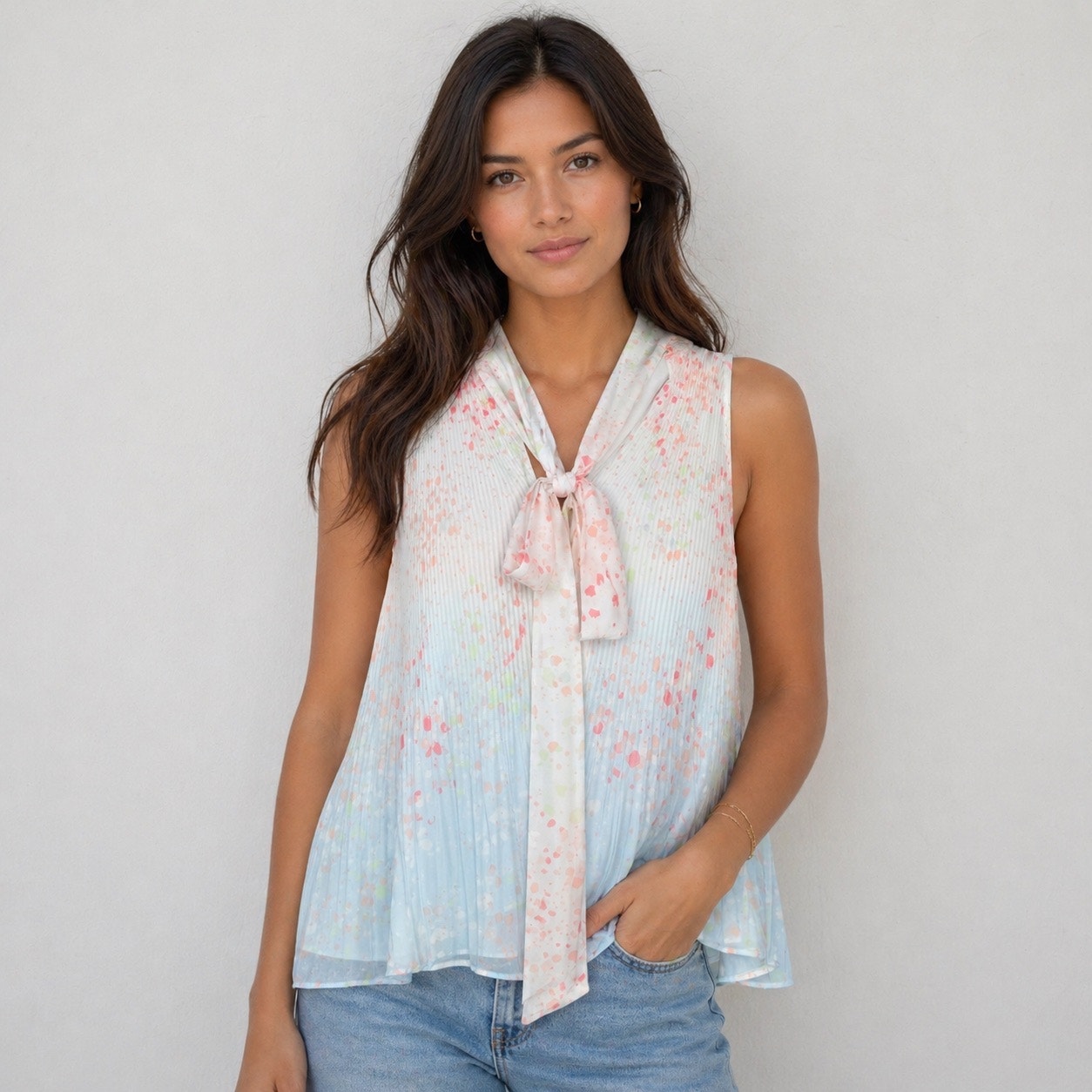 1 State Sleeveless Blouse Womens Small Pastel Ombre Tie Front Romantic Soft Girl